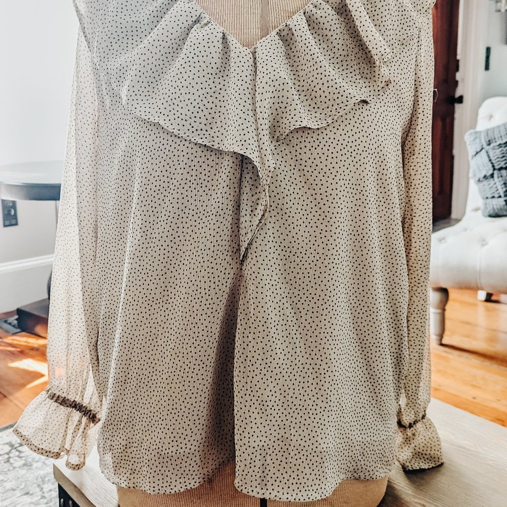 LOFT Polka Dot Blouse Flutter Ruffle Collar Top Size L